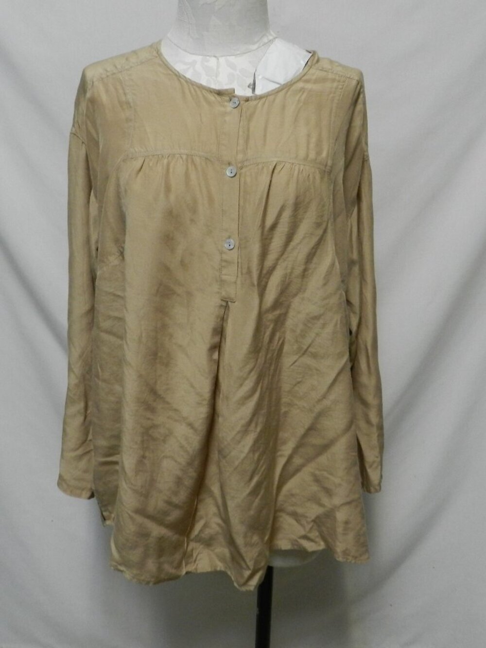 Nurture Rayon Silk tunic top blouse khaki brown roll tab slv Size Sz Large Lg L